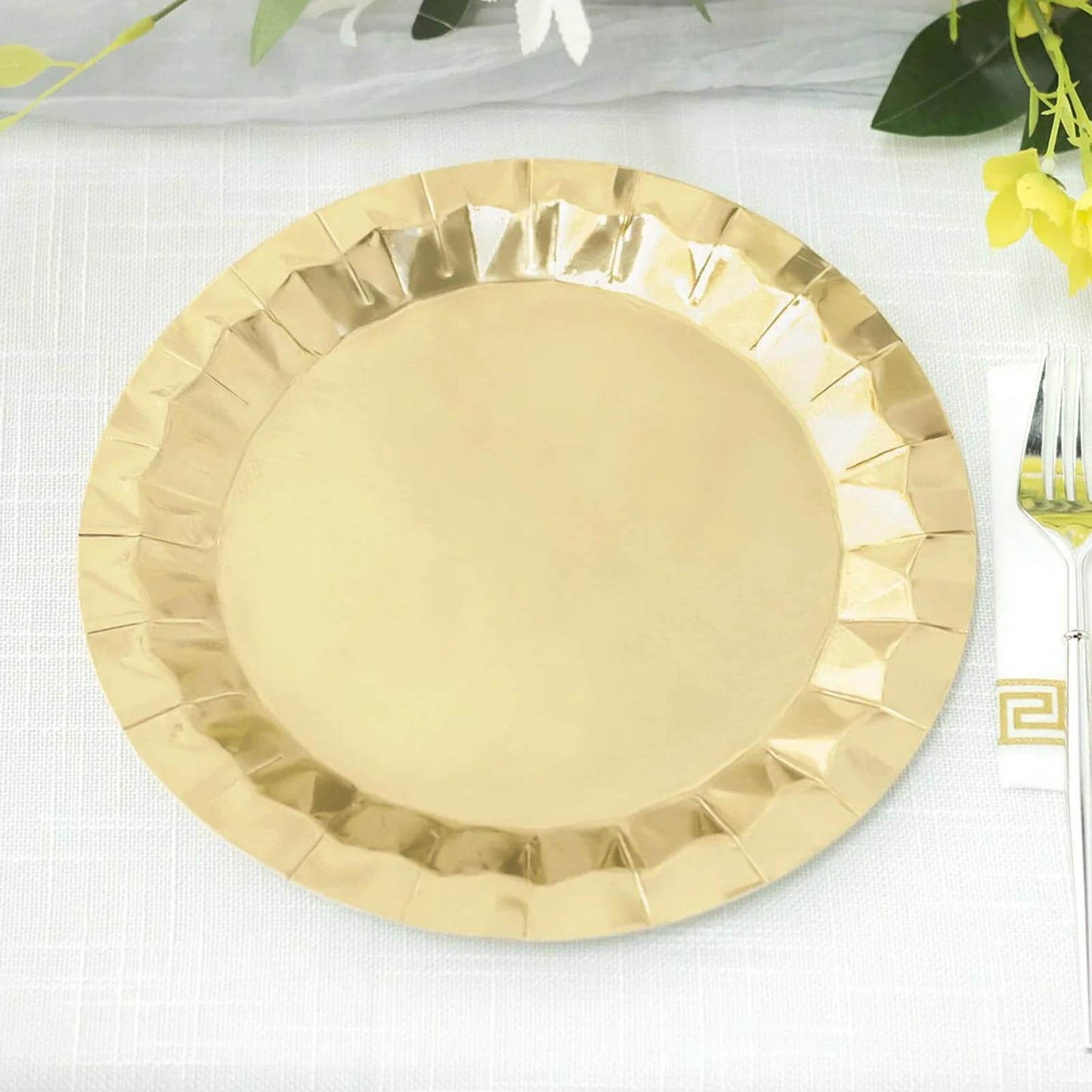 25-Pack Paper 9" Round Dinner Plates in Metallic Gold with Geometric Prism Rim - Disposable 400GSM Party Plates for Banquets & Celebrations