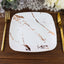 10-Pack Plastic 8" Square Dessert Plates in White with Rose Gold Marble Design - Disposable Appetizer Salad Party Plates