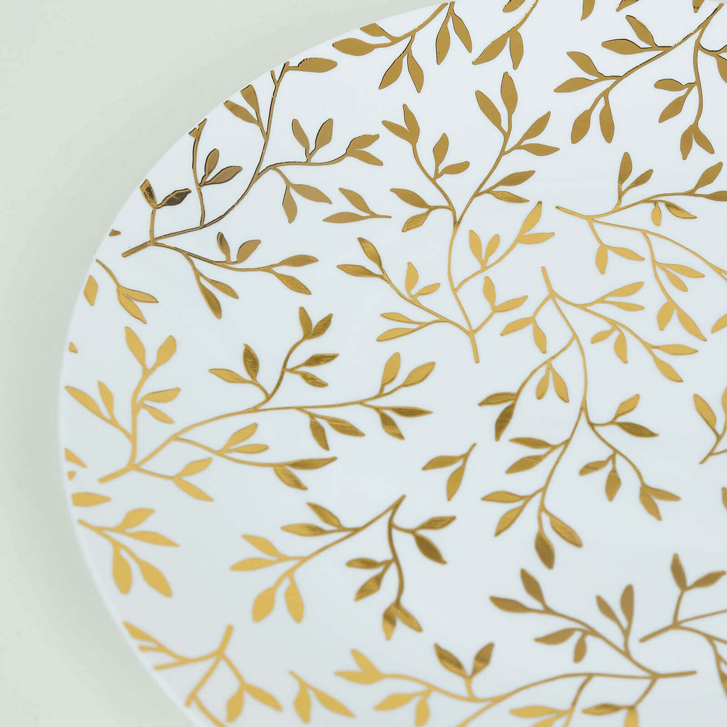 10-Pack Plastic 8" Round Salad Dessert Plates in White with Gold Leaf Design - Heavy Duty Disposable Party Plates for Stylish Events & Memorable Gatherings