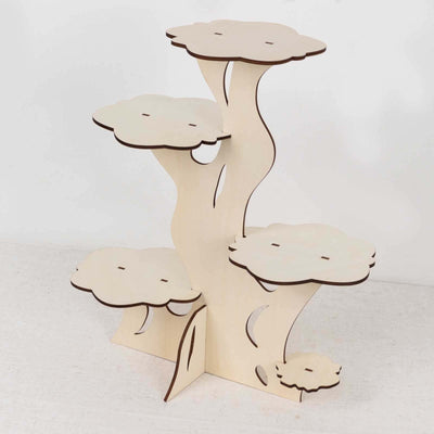 5-Tier Wooden Cake Stand Natural Tree Tower Design with Laser Cut Details - Rustic Cupcake Dessert Display 19" Tall