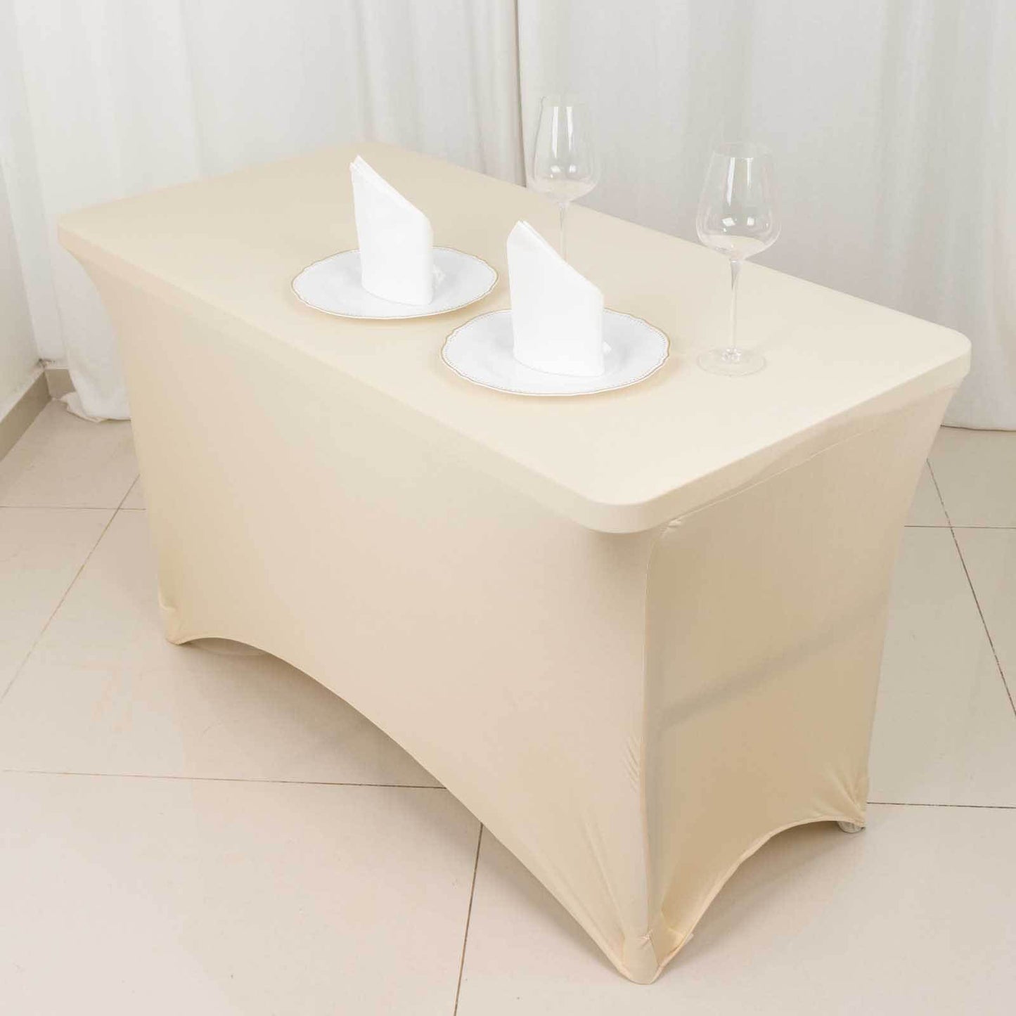Stretch Spandex 48"x30" Rectangle Tablecloth Beige - Durable Form-Fitting Table Cover