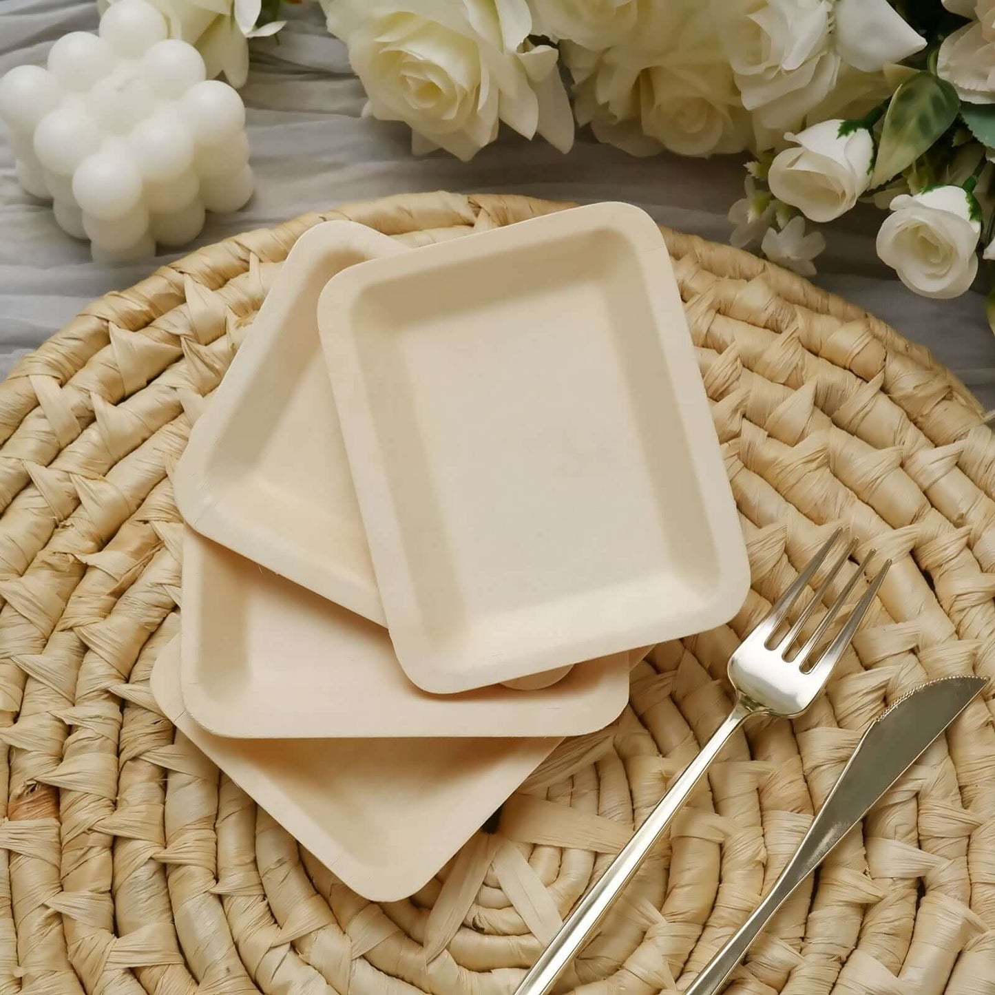 25-Pack Birchwood 4"x5" Rectangle Dessert Plates - Natural Eco Friendly Wooden Disposable Plates for Farmhouse-Style Events, Parties & Gatherings