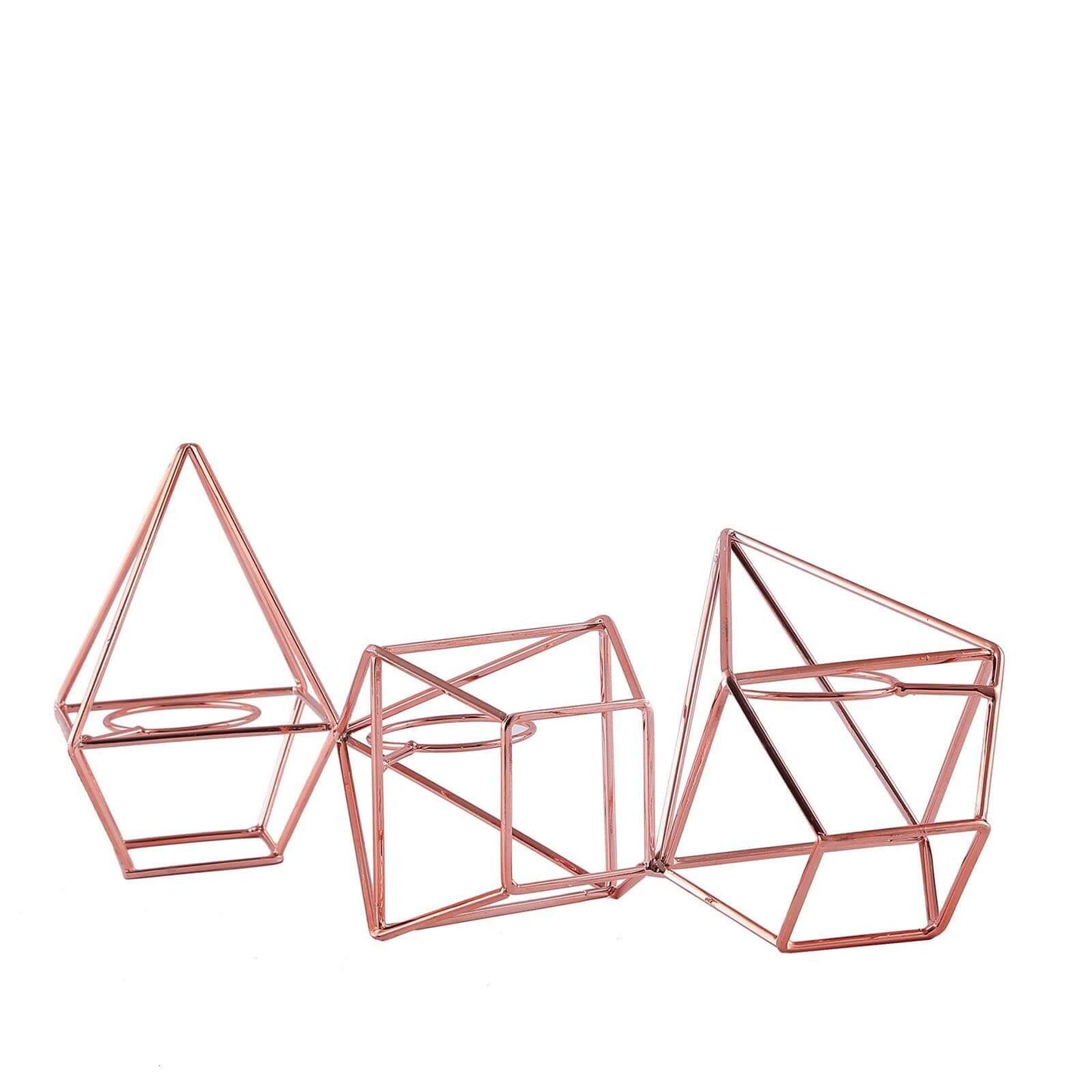 Set of Metal Candle Holders Linked Geometric Design Rose Gold - Modern Votive Glass Decor for Tables & Gatherings 16"