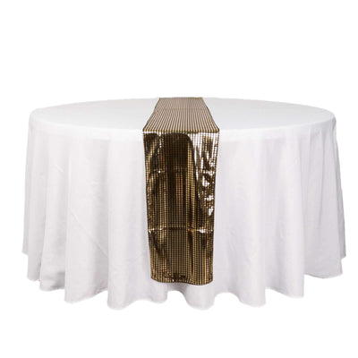 Mirror Foil Polyester 12’’x108’’ Table Runner Black with Gold Metallic Square - Shiny Disco Theme Party Table Decor