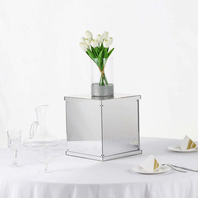 12" Silver Mirrored Acrylic Display Box, Pedestal Riser with Interchangeable Lid and Base