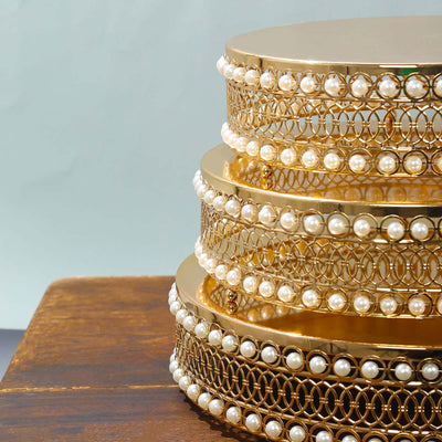Set of 3 Cake Stands Round Design with Mirror Top Gold - Pearl Beaded Stackable Cupcake Holders Metal 12", 14", 16"