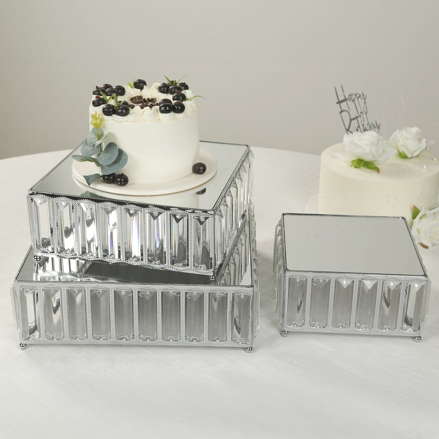 Set of 3 Silver Metal Crystal Pendant Cake Stands with Mirror Top, Stackable Square Dessert Display Trays - 7",10",12"