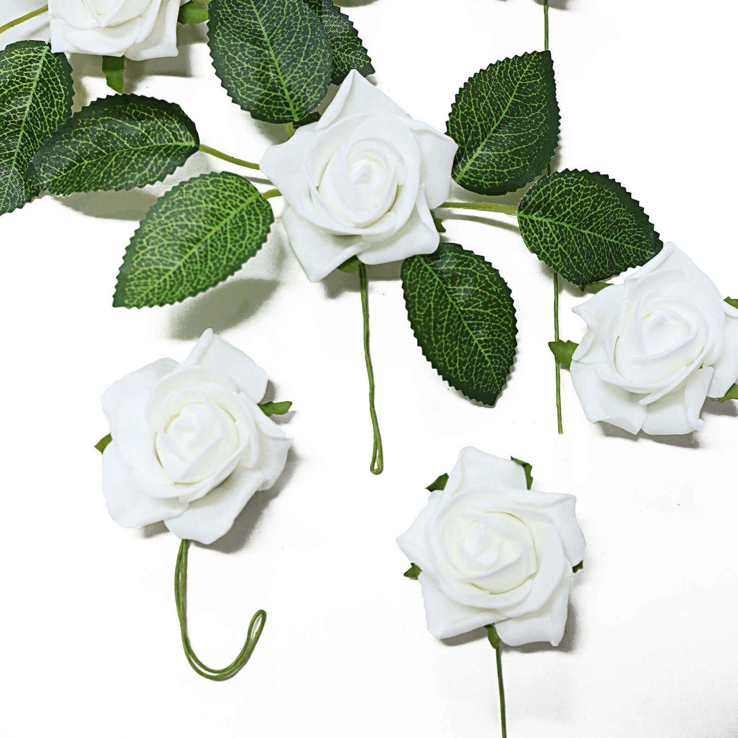 24 Roses 2" White Artificial Foam Flowers With Stem Wire and Leaves