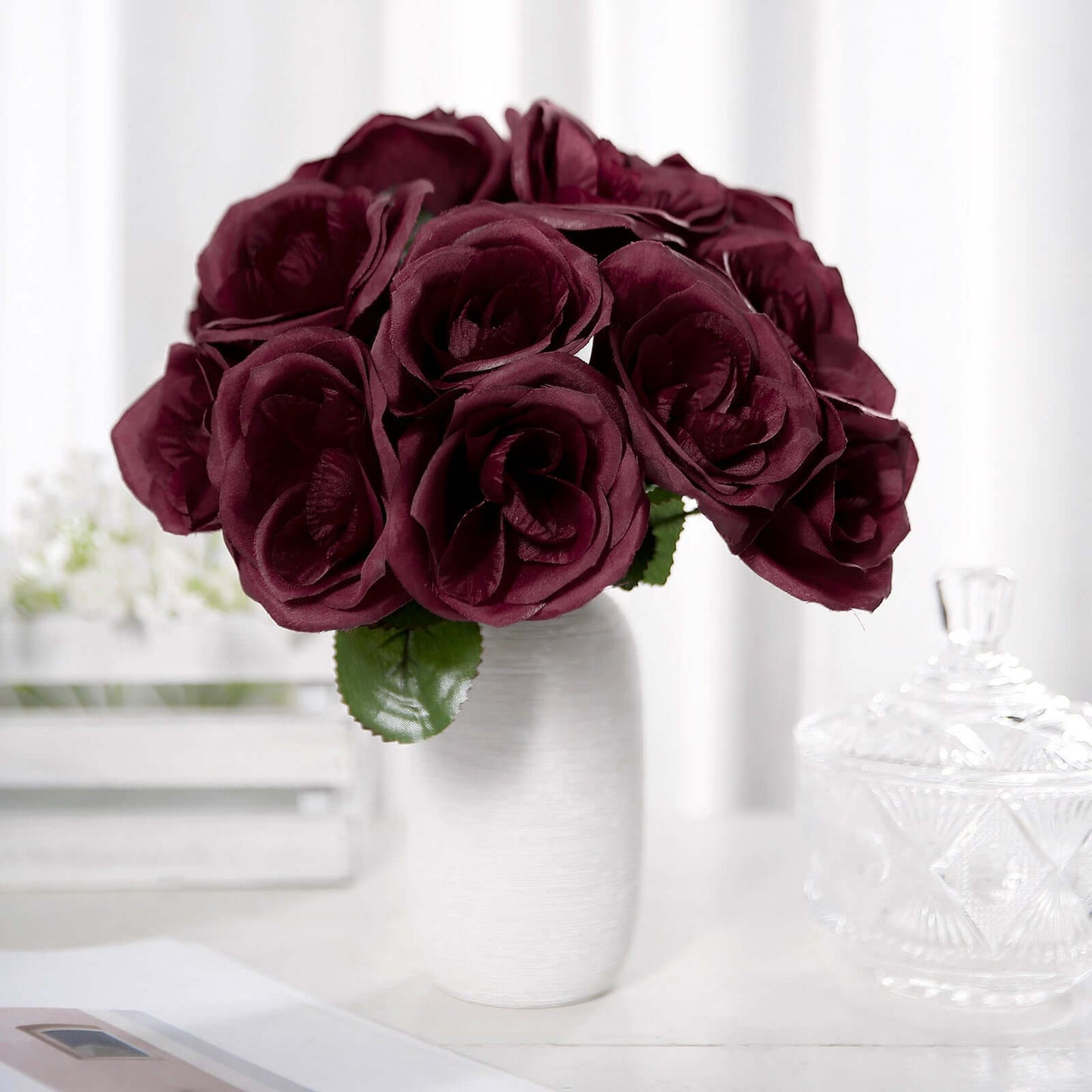 12" Burgundy Artificial Velvet-Like Fabric Rose Flower Bouquet Bush