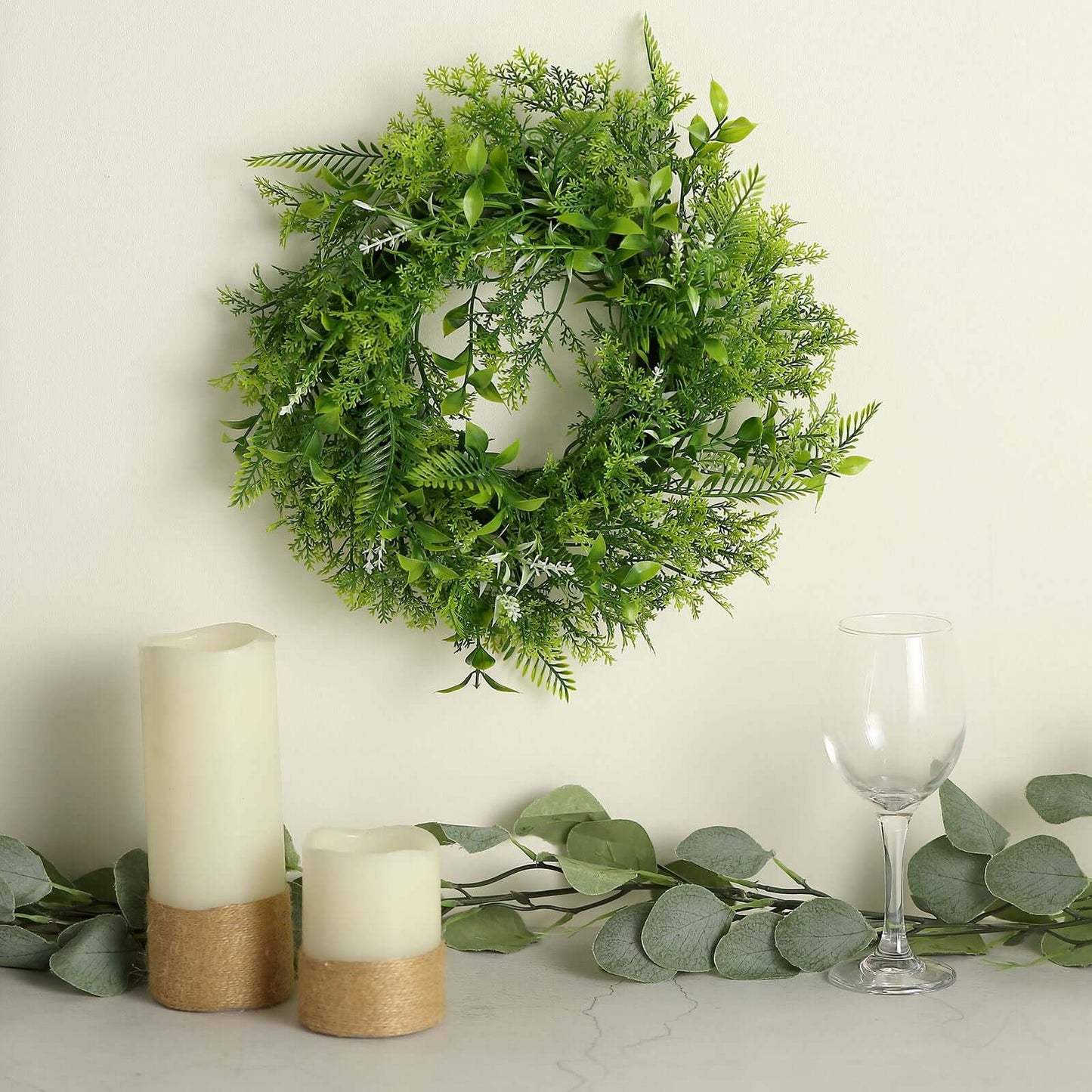 2 Pack 4" Green Artificial Fern Leaf Mix Pillar Candle Ring Wreaths