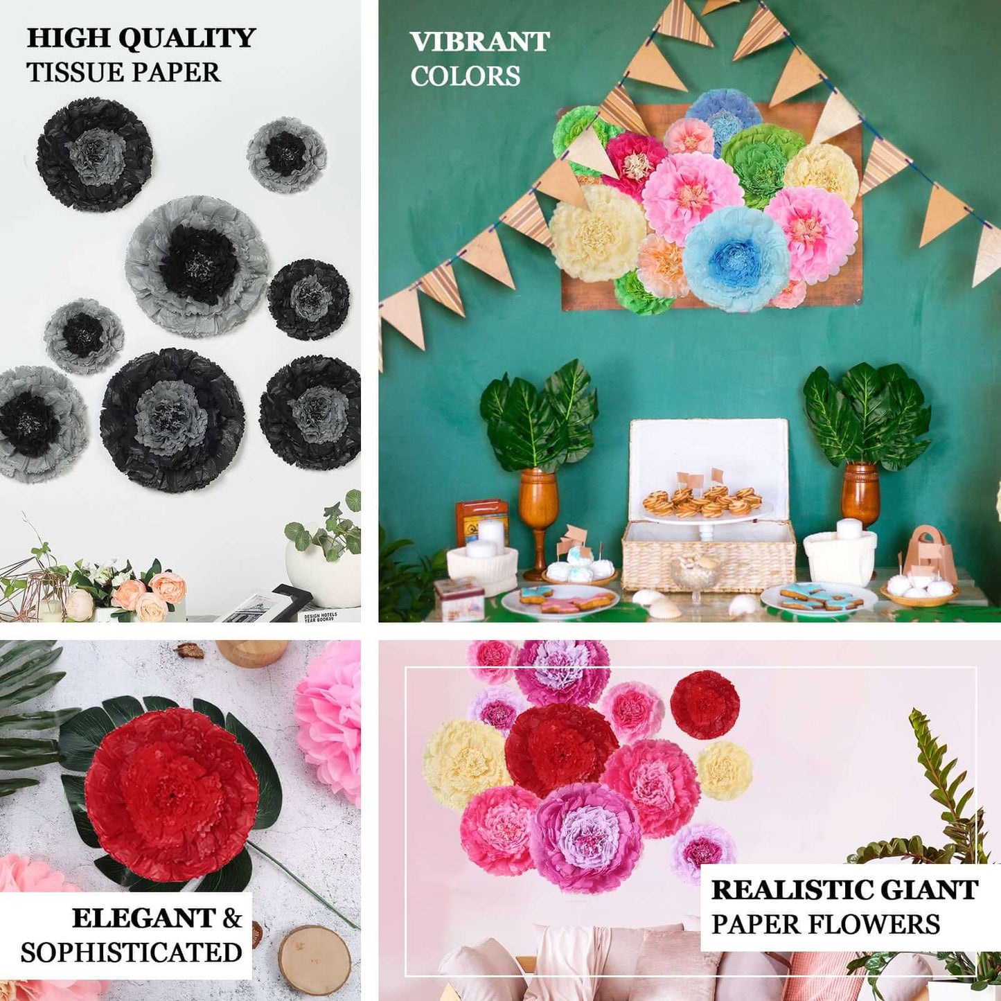 Set of 6 White Giant Carnation 3D Paper Flowers Wall Decor - 12",16",20"