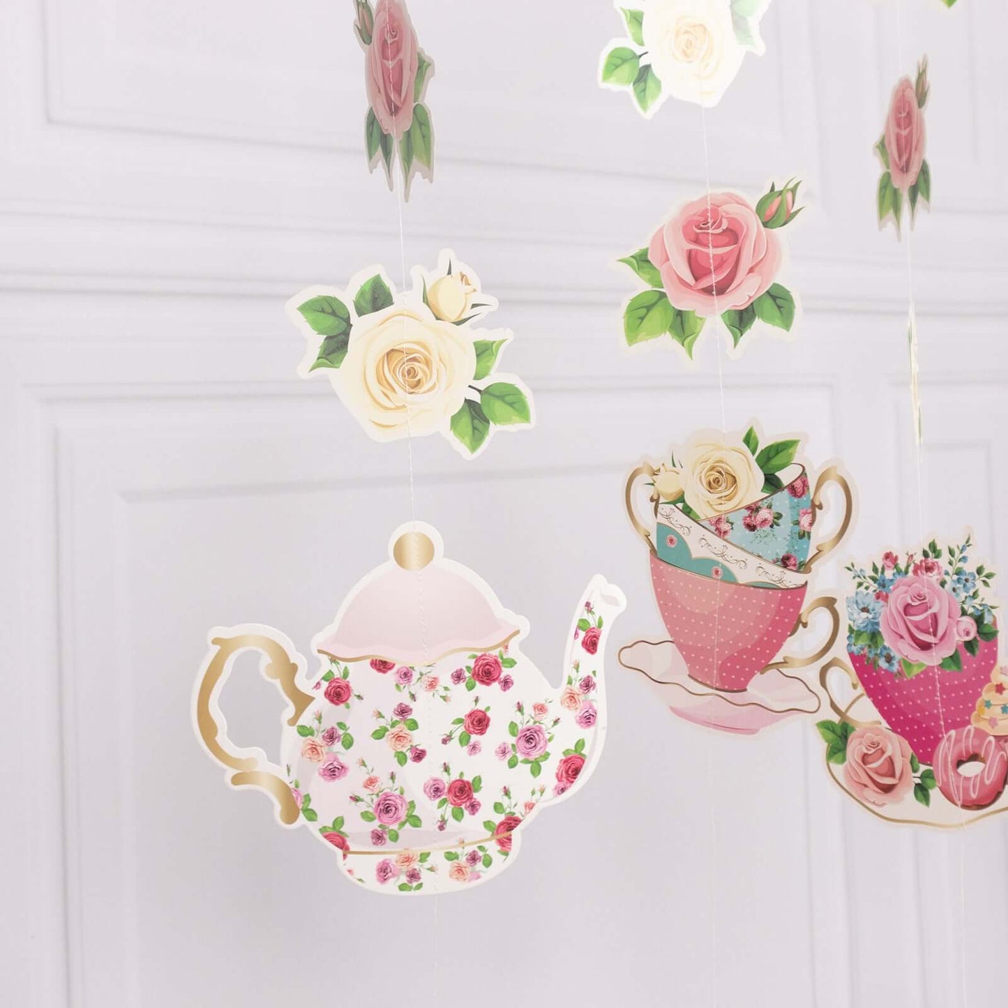 8 Pack Double Sided Floral Tea Party Paper Garland, 40" Pre-Assembled Mixed Teapot Banner Hanging Decorations