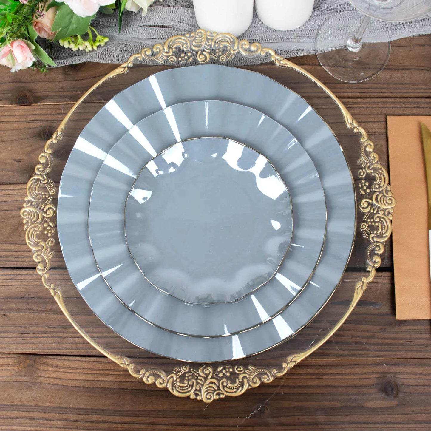 10-Pack Plastic Round 6" Dessert Plates in Dusty Blue Ruffled Rim with Gold Edging - Sturdy Disposable Salad Appetizer Dinnerware