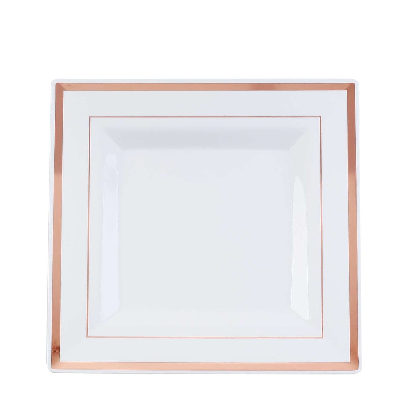 10-Pack Plastic Dinner Plates White Square with Rose Gold Trim - Lightweight Disposable Plates for Events 10"