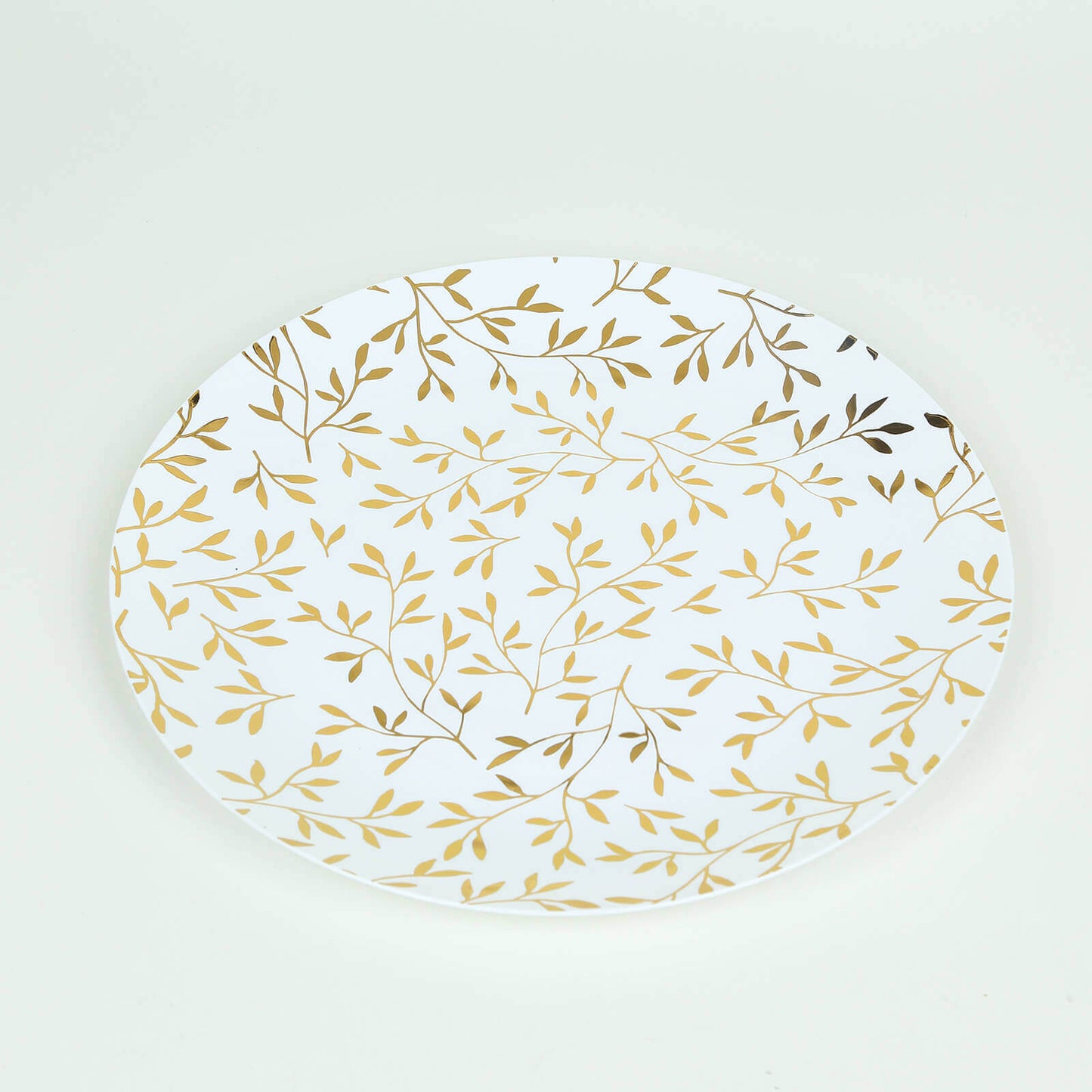10-Pack Plastic 10" Round Dinner Plates in White with Gold Leaf Design - Heavy Duty Disposable Party Plates for Stylish Events & Memorable Gatherings
