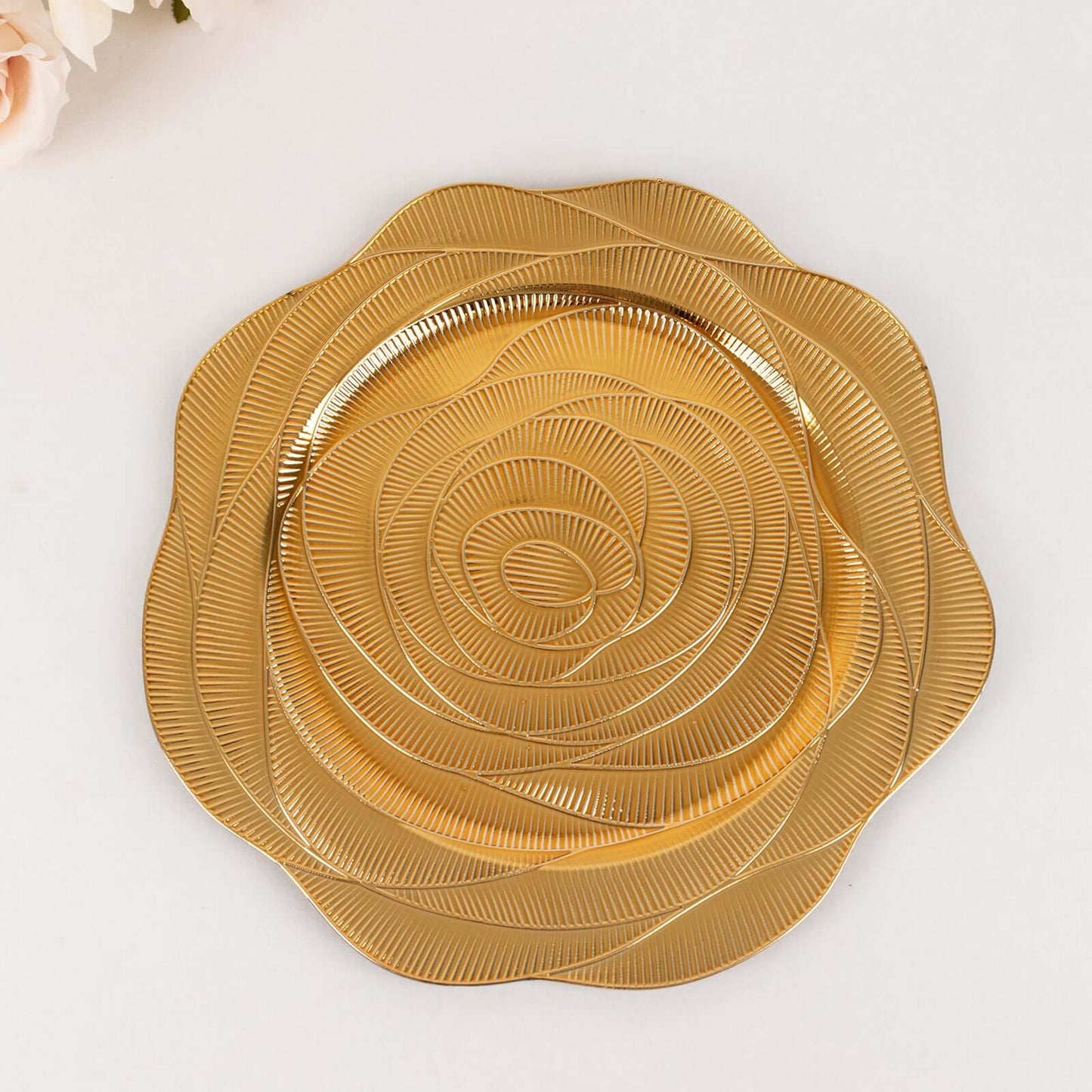 6-Pack Acrylic Round Charger Plates 13" in Metallic Gold with Ribbed Rose Pattern, Event Tabletop Decorative Charger Tableware