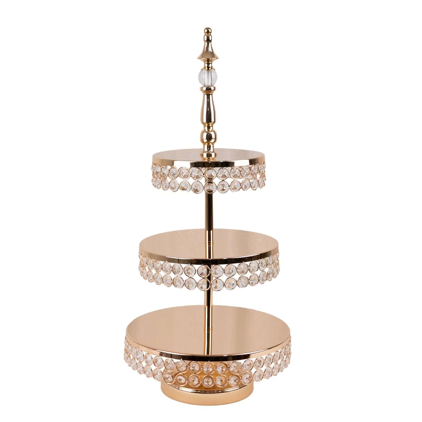 3-Tier Cake Stand Crystal Beaded Gold with Round Mirror Top - Metal Cupcake Tower Dessert Display 26"