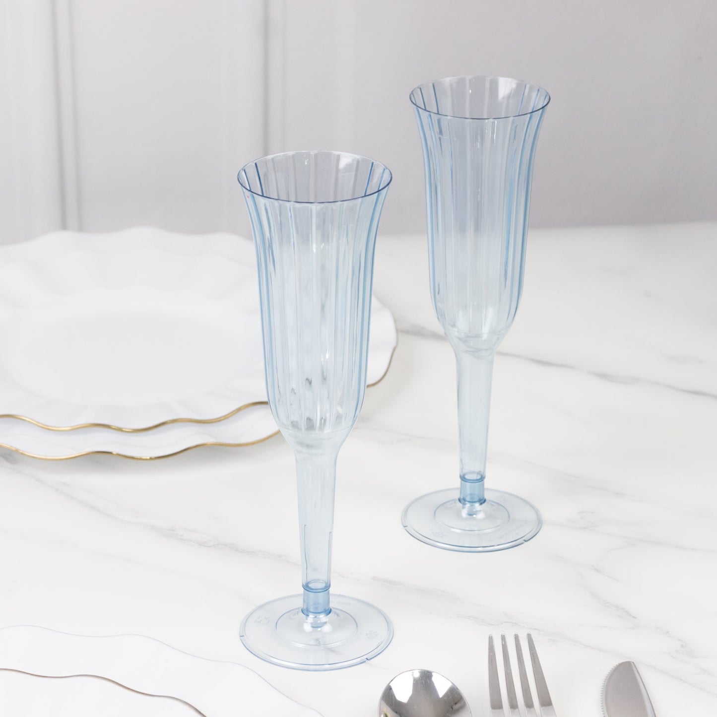 24-Pack Plastic Champagne Flutes Transparent Dusty Blue Flared Design - Lightweight Disposable Toasting Glasses 6oz