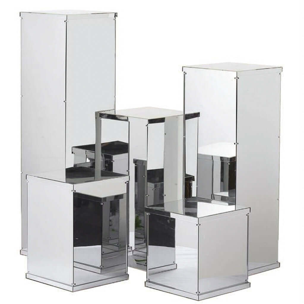 40" Floor Standing Silver Mirror Finish Acrylic Display Box, Pedestal Riser with Interchangeable Lid and Base
