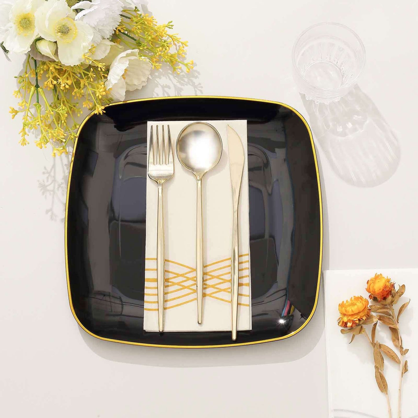 10-Pack Plastic 10" Square Dinner Plates in Black with Gold Rim - Classy Disposable Lunch Party Plates