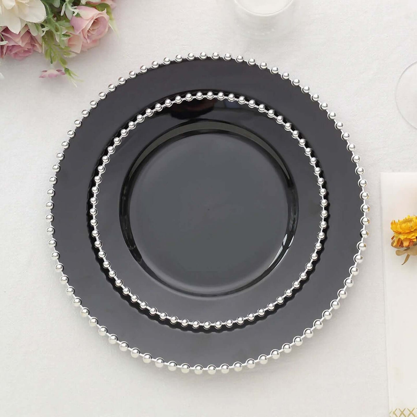10-Pack Black Plastic Dessert Plates â€“ 8" Round with Silver Beaded Rim, Disposable for Parties & Events