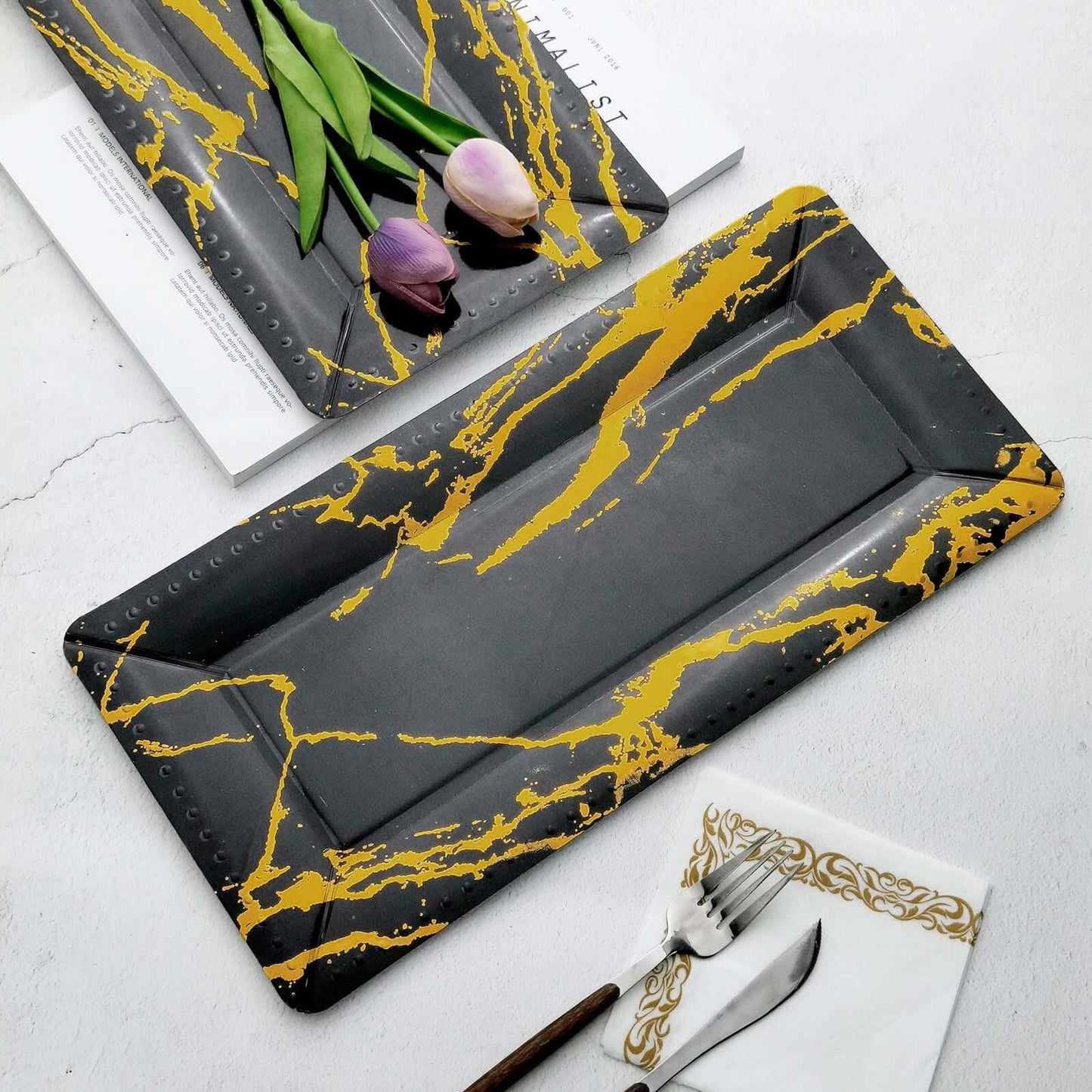 10-Pack Paper 16" Rectangle Serving Trays Black/Gold - Durable 1100GSM Disposable Food Platters with Modern Marble Design for Dessert Tables & Food Stations