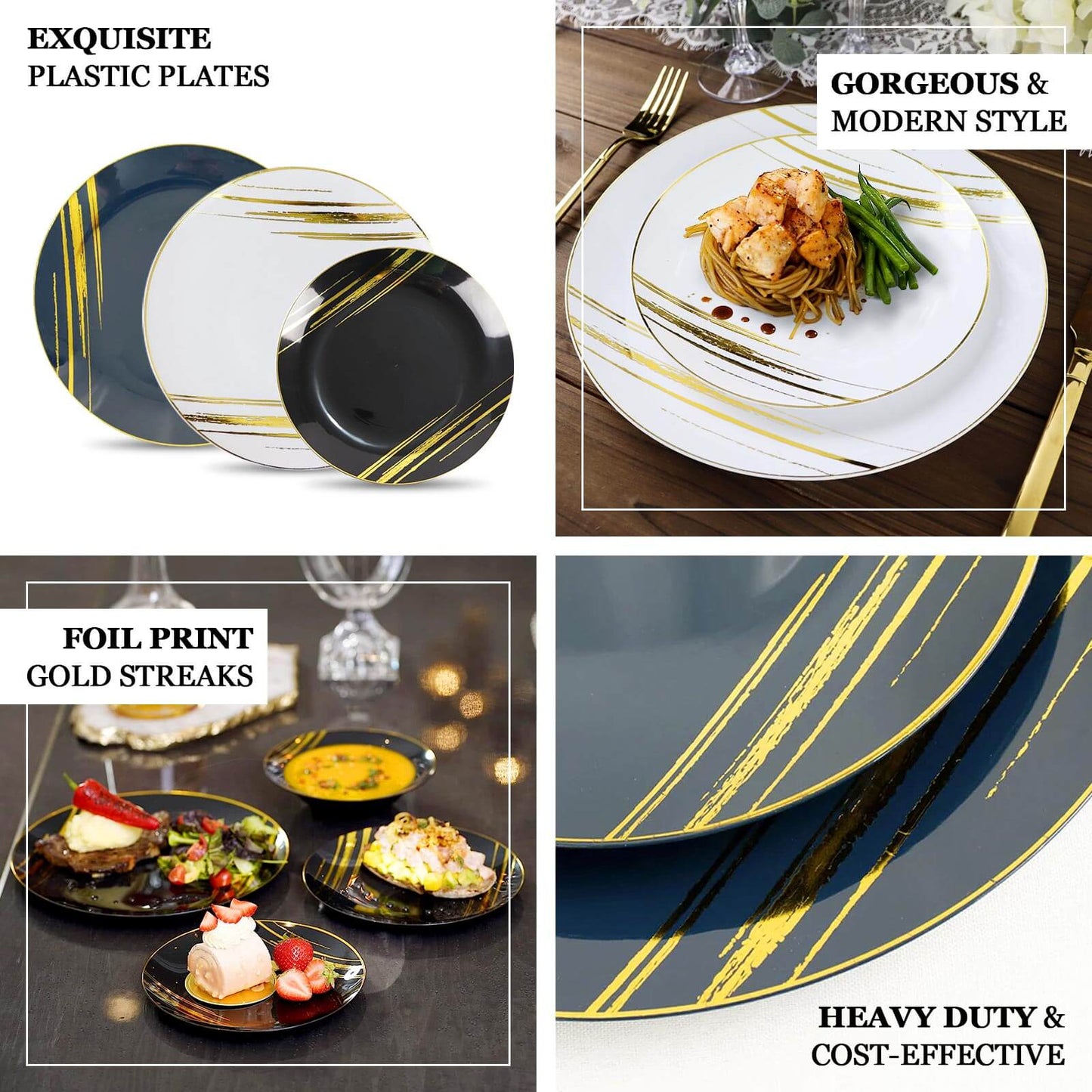 10-Pack Plastic 7" Round Dessert Plates in Black with Gold Brush Stroked Print - Disposable Appetizer Salad Plates for Modern Themed Events & Banquets