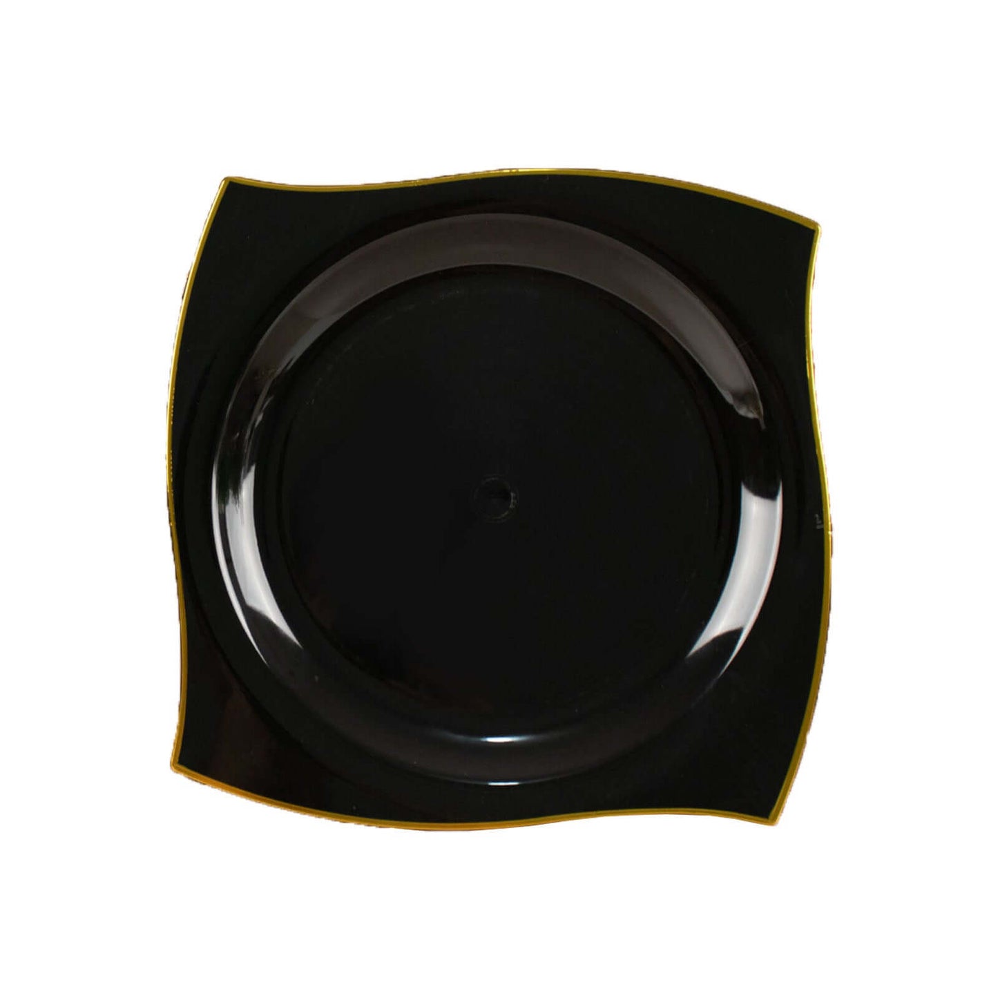 10-Pack Plastic 8" Square Dessert Plates in Black with Gold Wavy Rim Modern - Disposable Salad Appetizer Party Plates