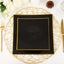 10-Pack Plastic 8" Square Dessert Plates in Black Concave Style with Gold Rim - Modern Disposable Salad Appetizer Party Plates