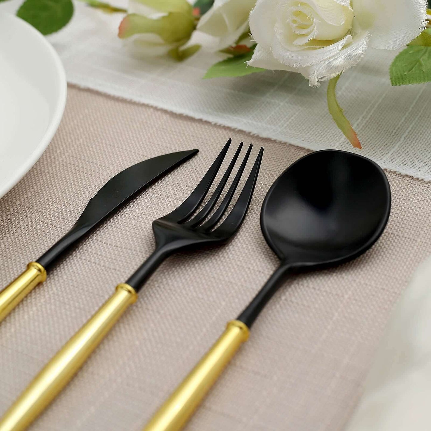 24-Pack Plastic Flatware Set in Black with Gold Handle - Heavy Duty Disposable Modern Silverware 8"