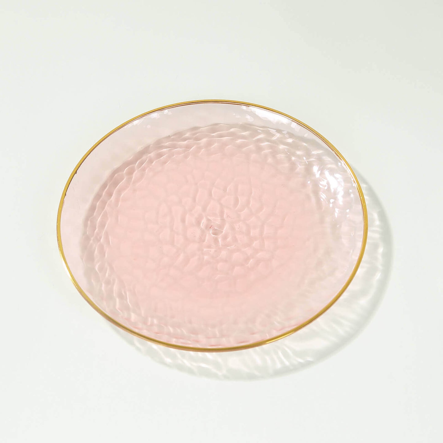 10-Pack Plastic 7" Round Dessert Appetizer Plates in Transparent Blush Hammered Design with Gold Rim - Modern Disposable Salad Plates