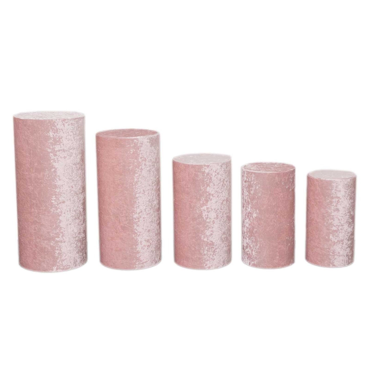 Set of 5 Blush Crushed Velvet Cylinder Pedestal Stand Covers, Premium Pillar Prop Covers