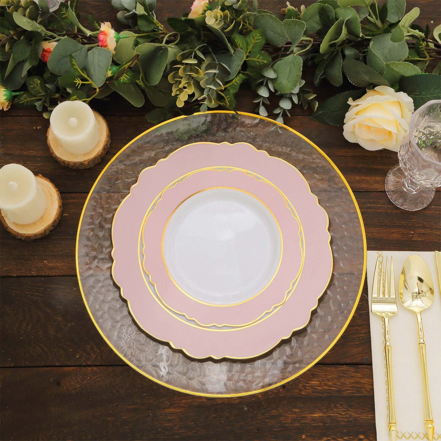 10-Pack Plastic 10" Round Dinner Plates in White with Blush Blossom Design & Gold Edging - Disposable Party Plates