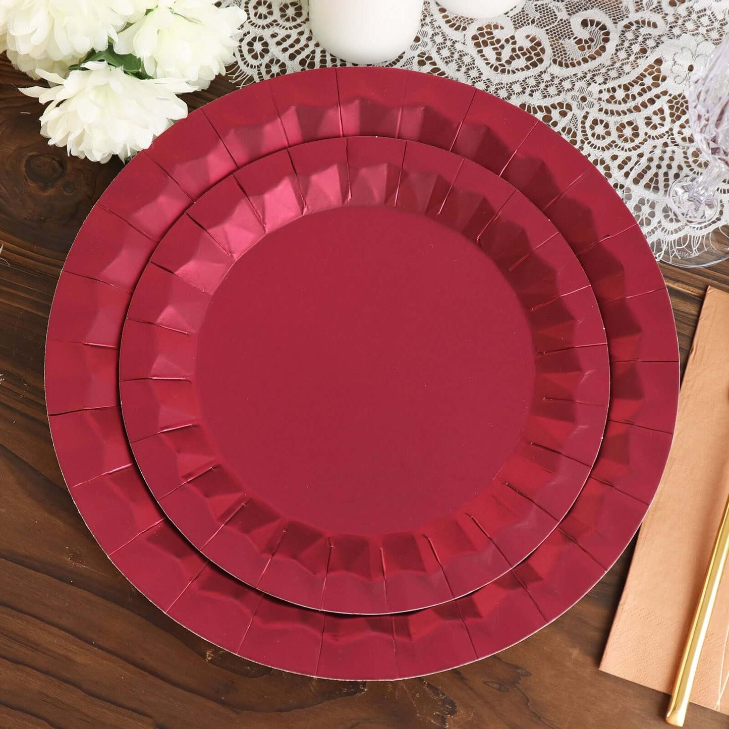 25-Pack Paper 12" Round Charger Plates in Burgundy with Geometric Prism Design - Disposable 400GSM Serving Trays