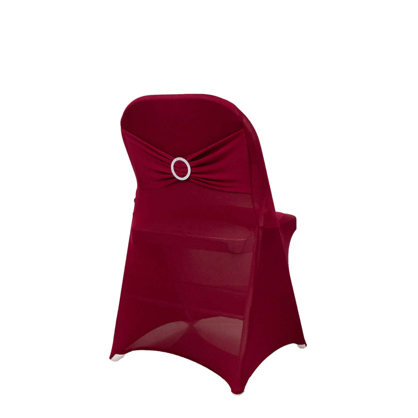 Stretch Spandex Chair Cover Burgundy for Folding Chairs - Secure Fit Slipcover with Silver Rhinestone Buckled Sash Band