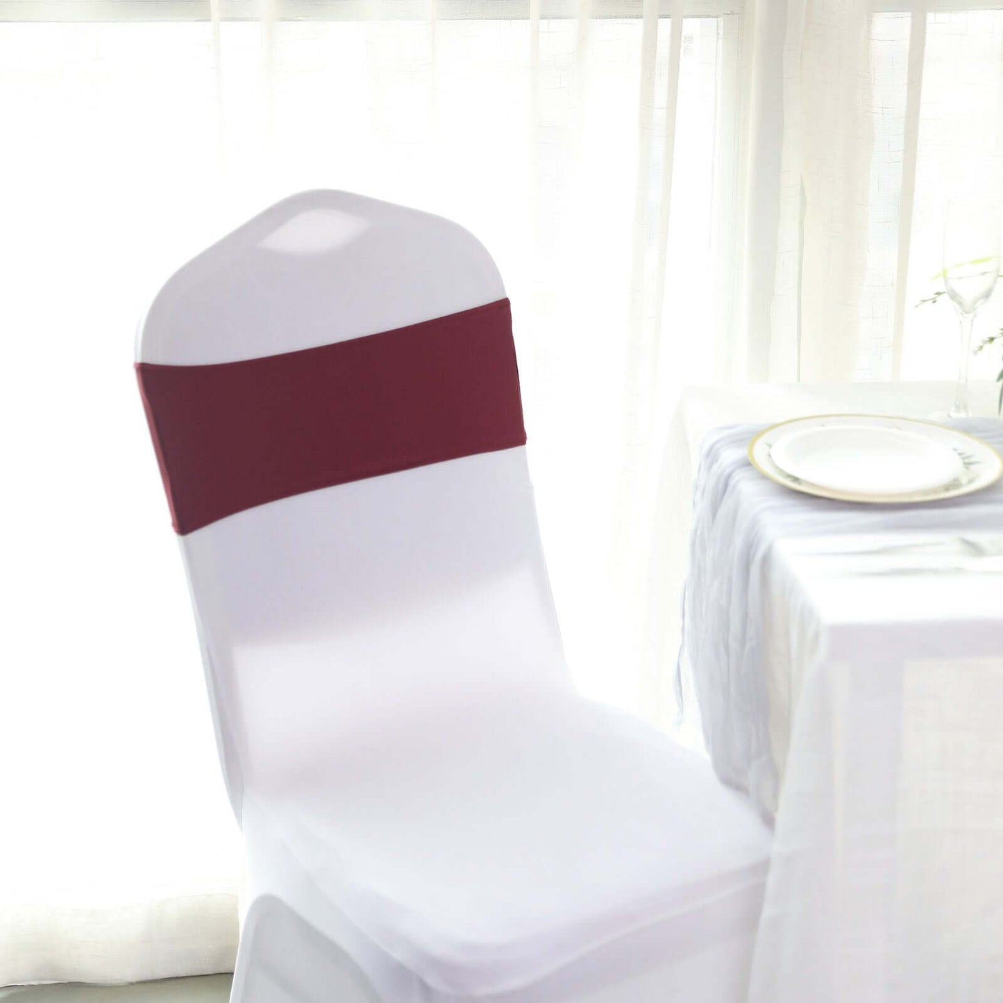 5 Pack Stretch Spandex Chair Sashes Burgundy - Reusable Chair Bands with Silver Diamond Ring Slide Buckle 5"x14"