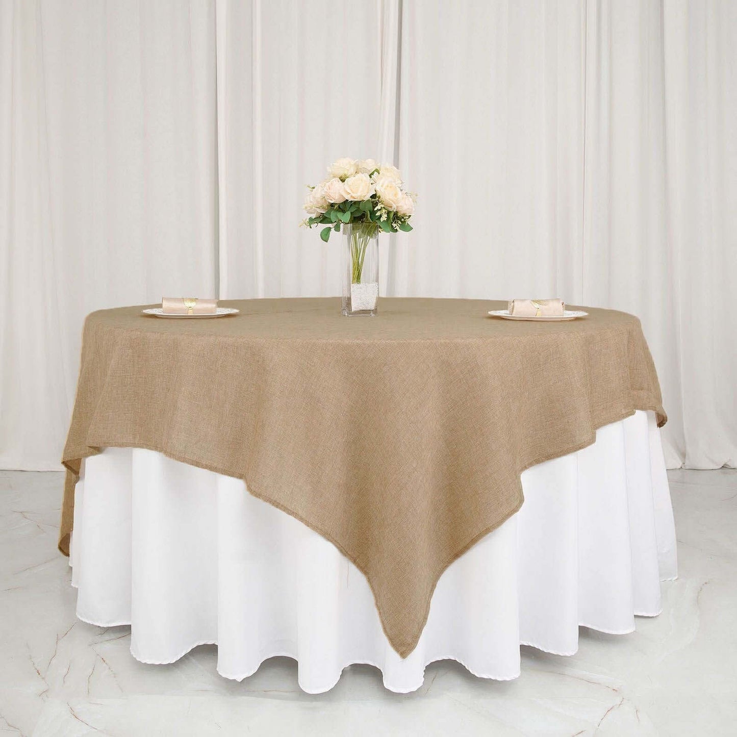Faux Burlap 90"x90" Table Overlay Square Tablecloth Natural - Boho Chic Design for Stylish Celebrations