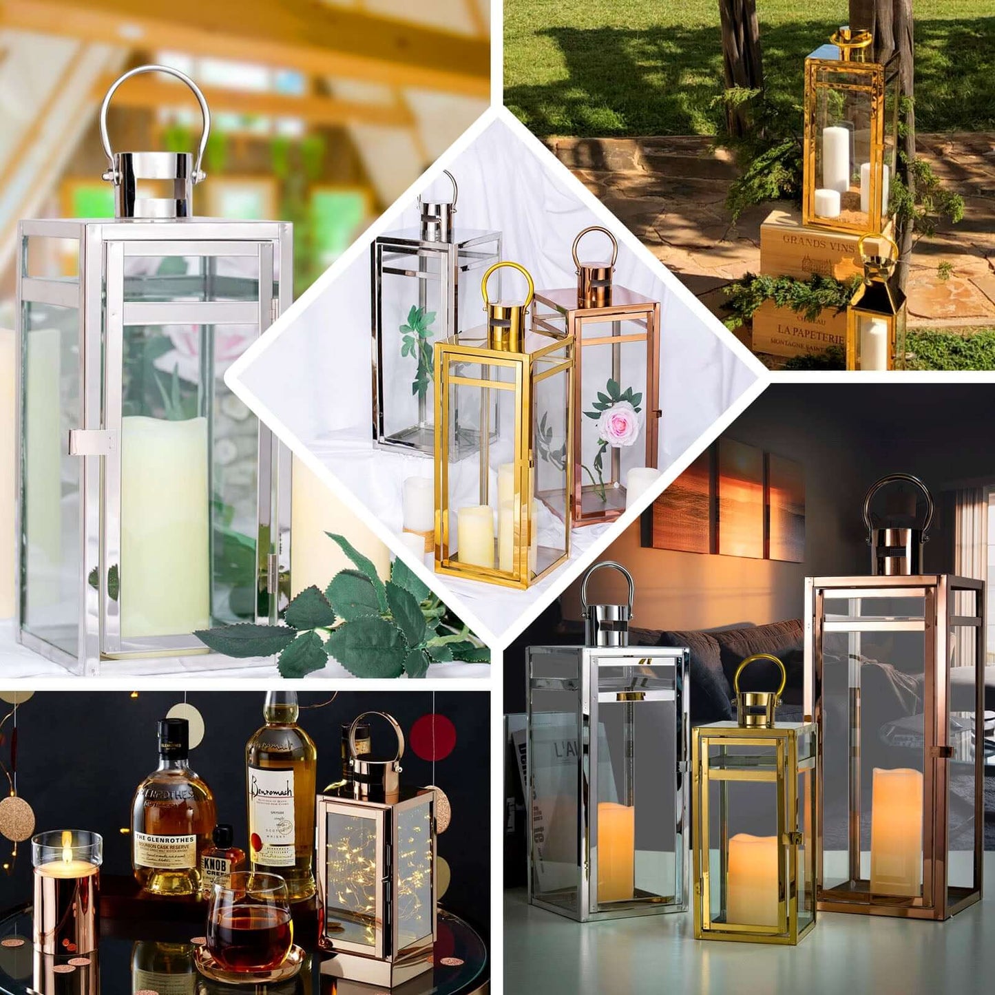 Stainless Steel Candle Lantern Vintage Top Design Gold - Outdoor Metal Patio Lantern Centerpiece 22"