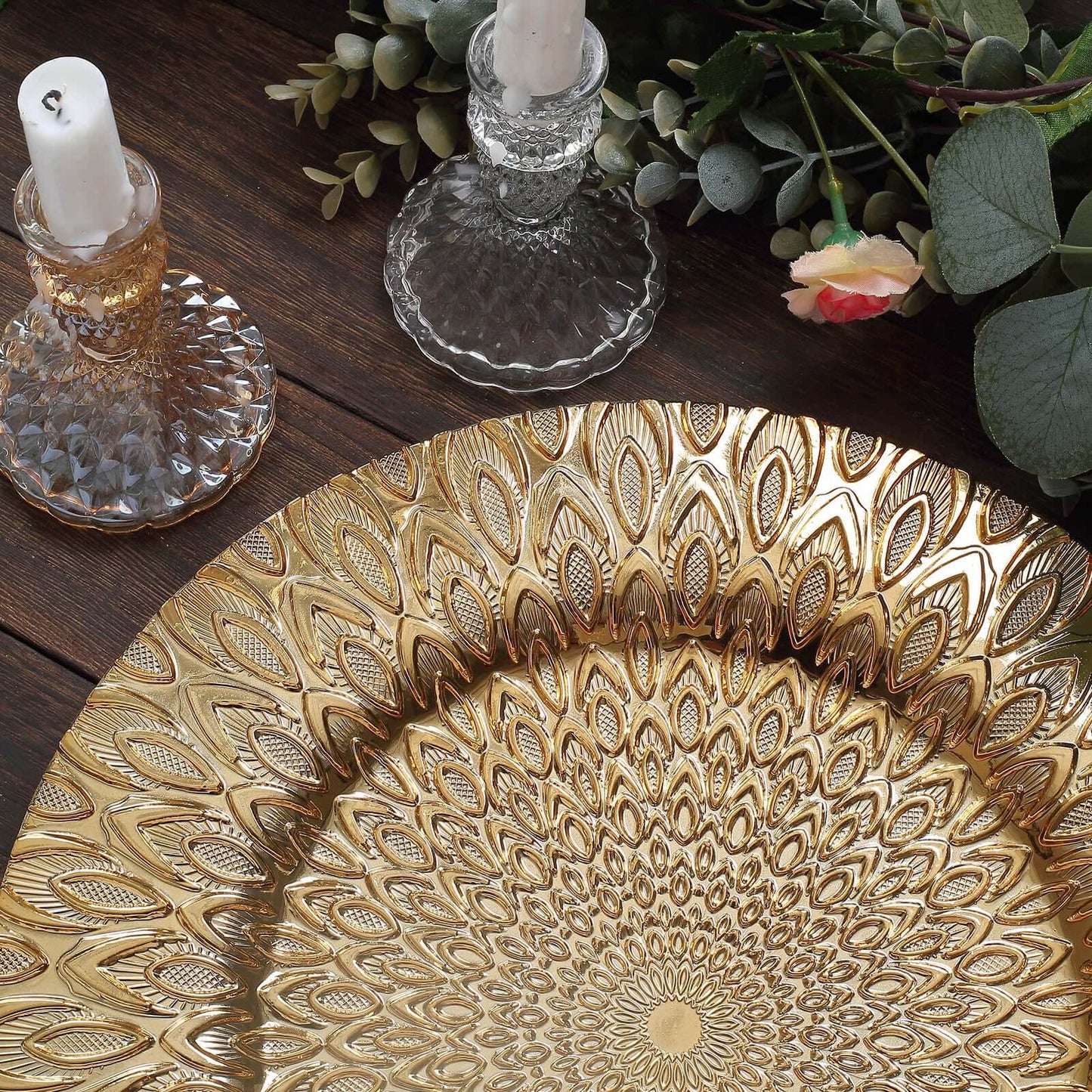 6-Pack Plastic Round Charger Plates 13" in Gold with Embossed Peacock Pattern, Stylish Disposable Charger Tableware