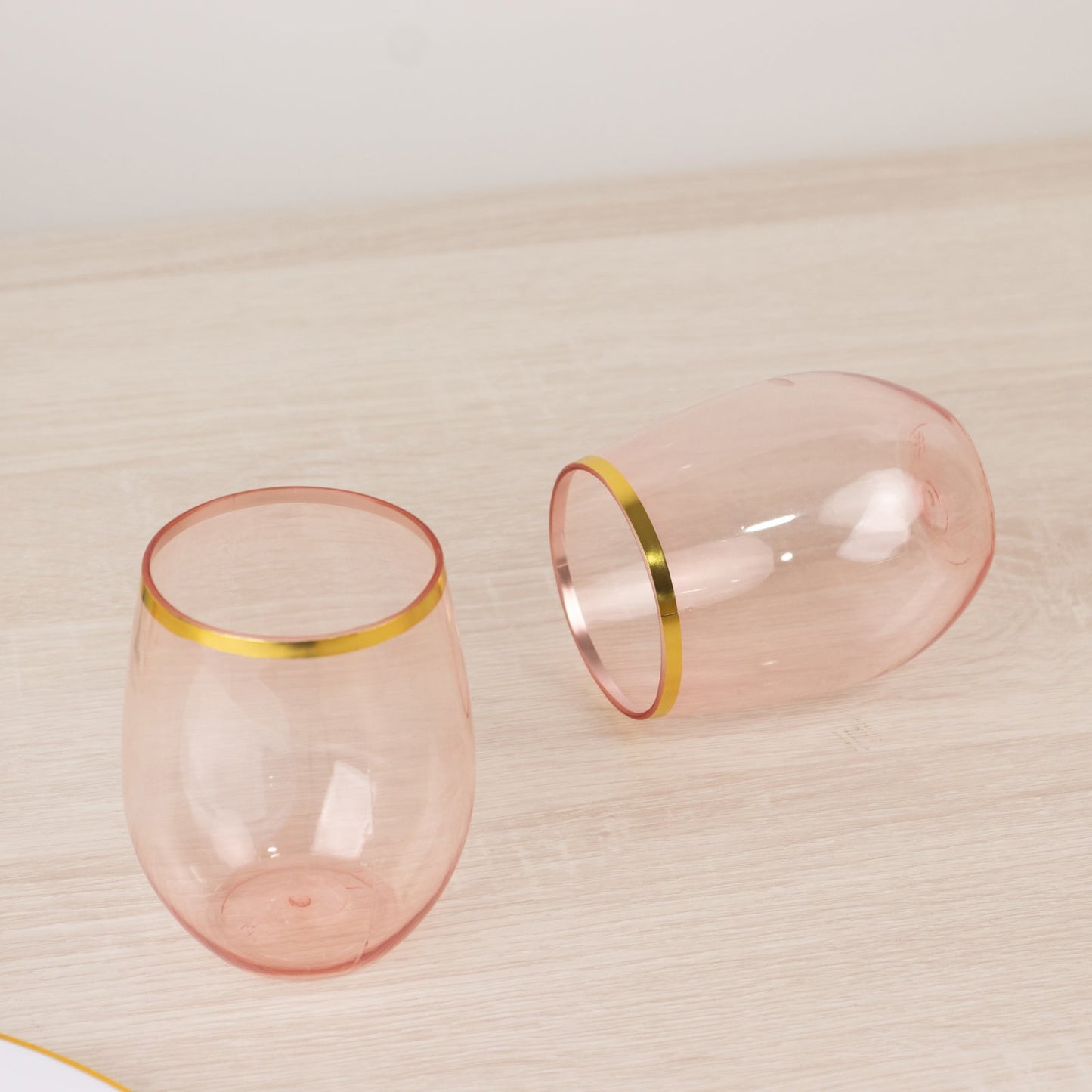 12-Pack Plastic Wine Tumblers Transparent Blush with Gold Rim - Reusable Drinkware 12oz