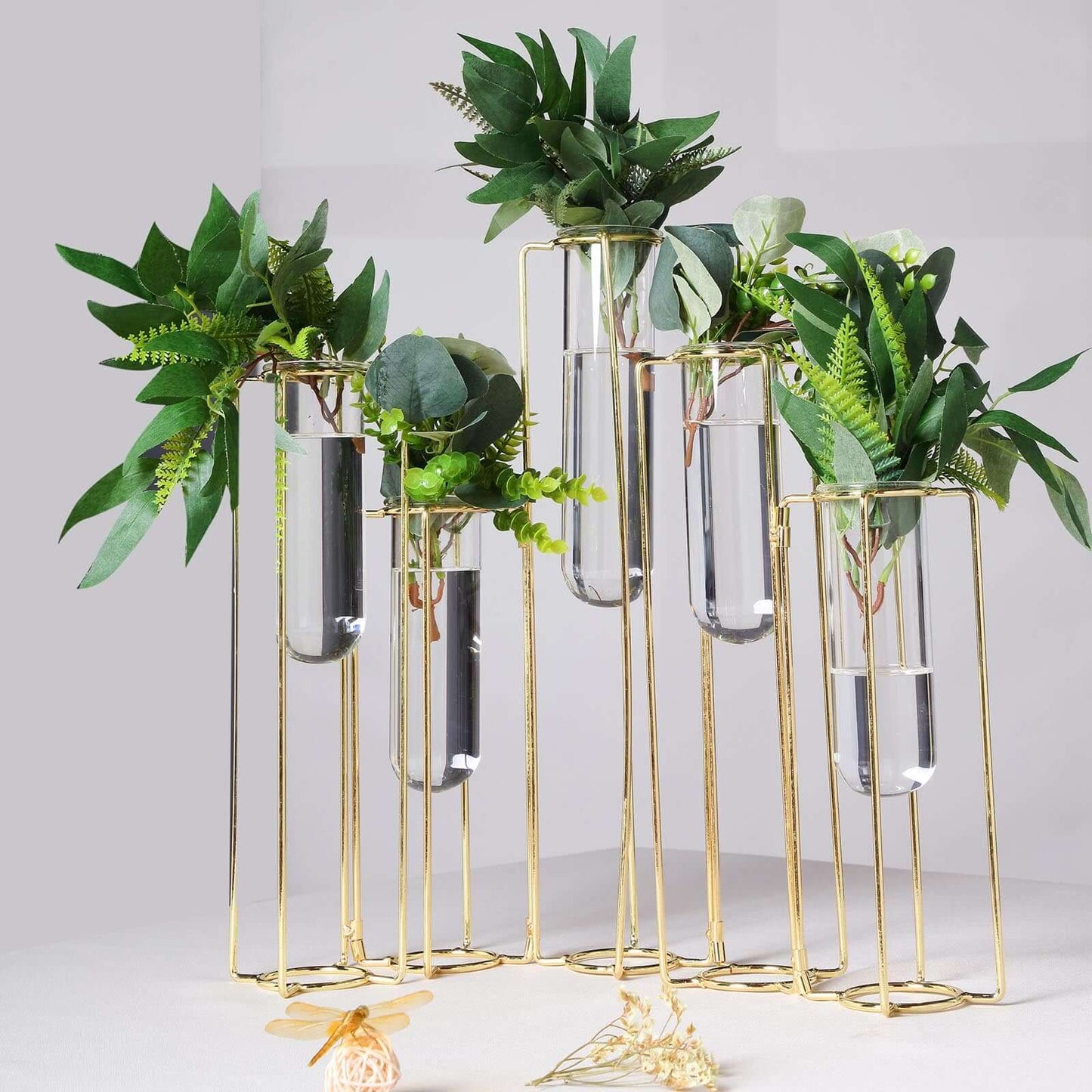 Set of 5 Wedding Centerpieces Gold Frame Conjoined Geometric Design - Test Tube Hydroponic Vases 12"