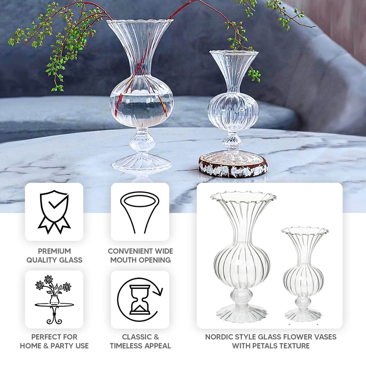 Set of 4 Glass Flower Vases Nordic Style with Petals Texture Clear - Transparent Bud Planters for Wedding Table Decor 7", 9"