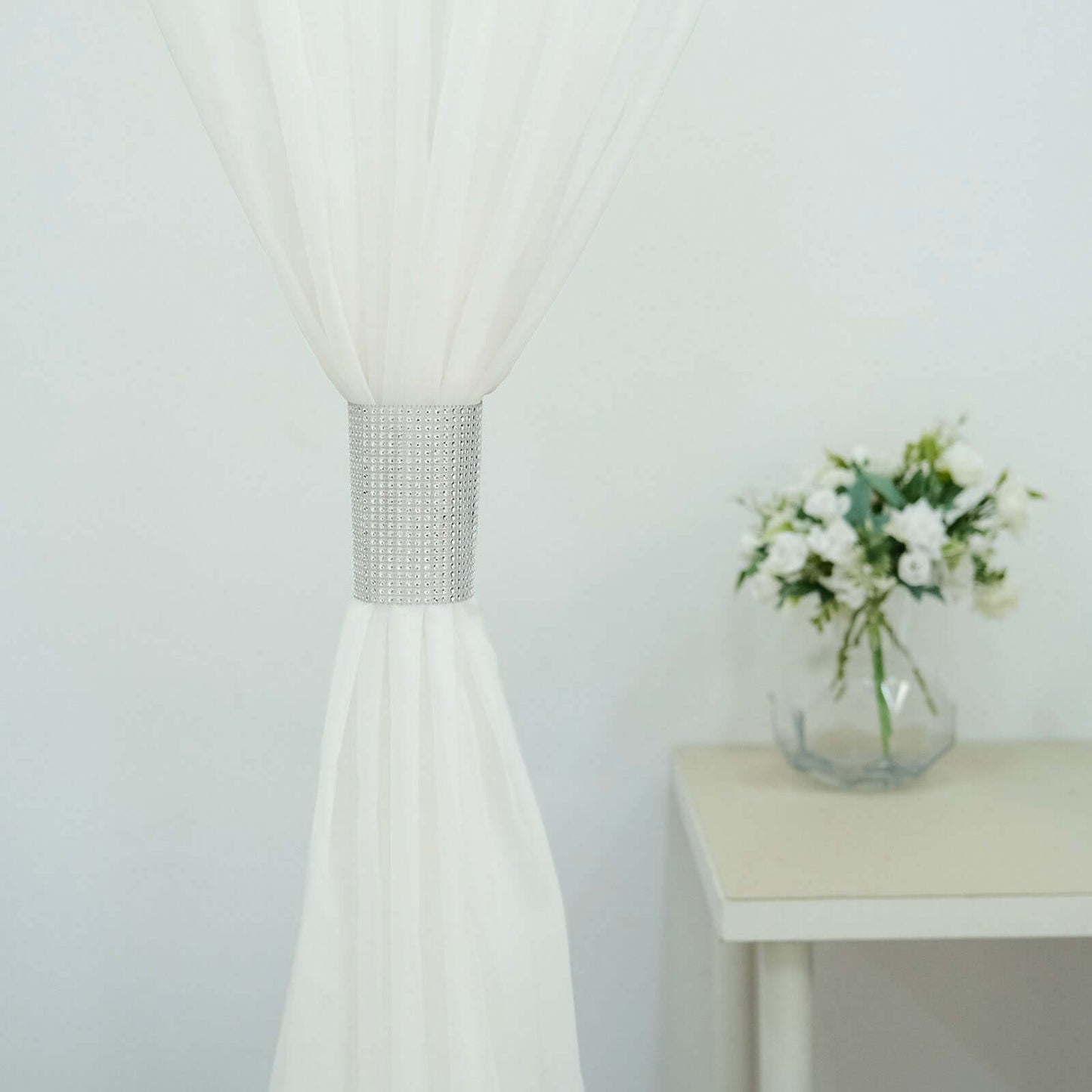 4 Pack Silver Rhinestone Mesh Velcro Backdrop Curtain Bands, Large Chair Sash Clip Tie Backs - 5"X10"