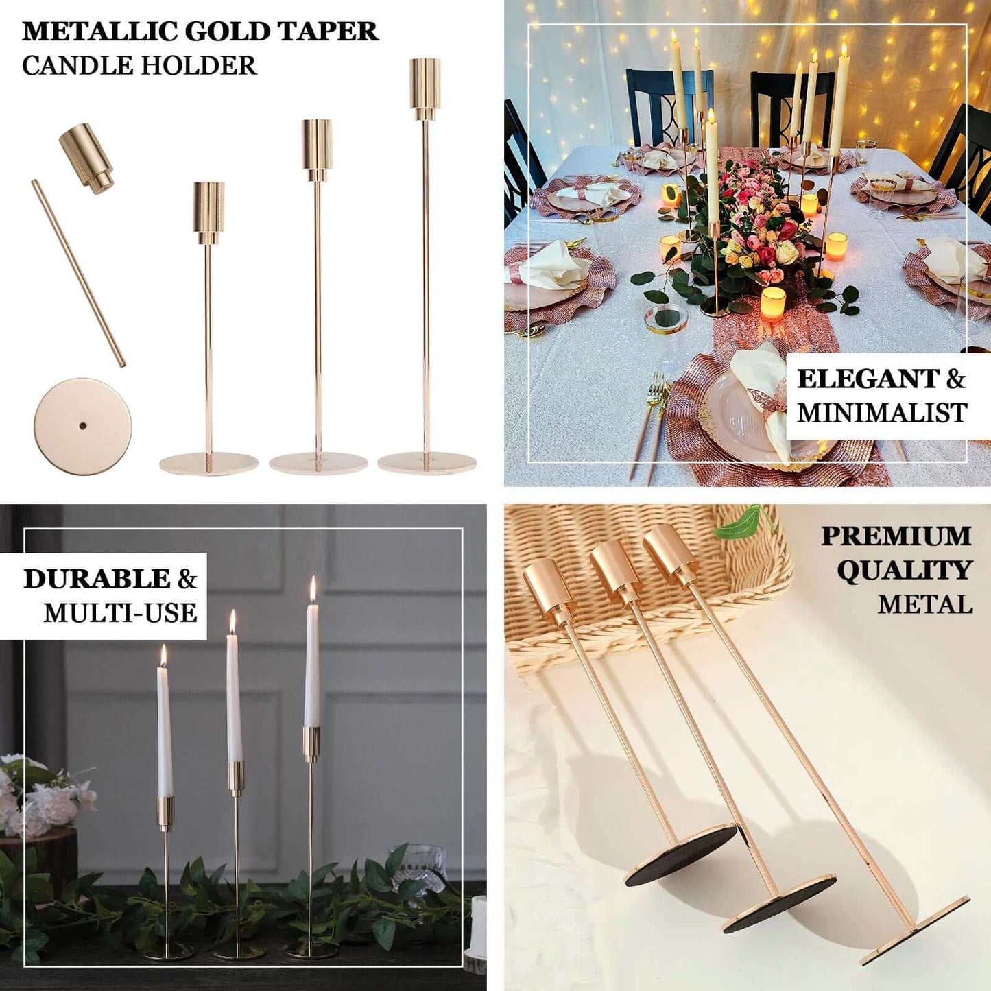 Set of 3 Taper Candle Stands Gold Metal Decorative Round Base Design - Wedding Table Accents 9", 10", 13"