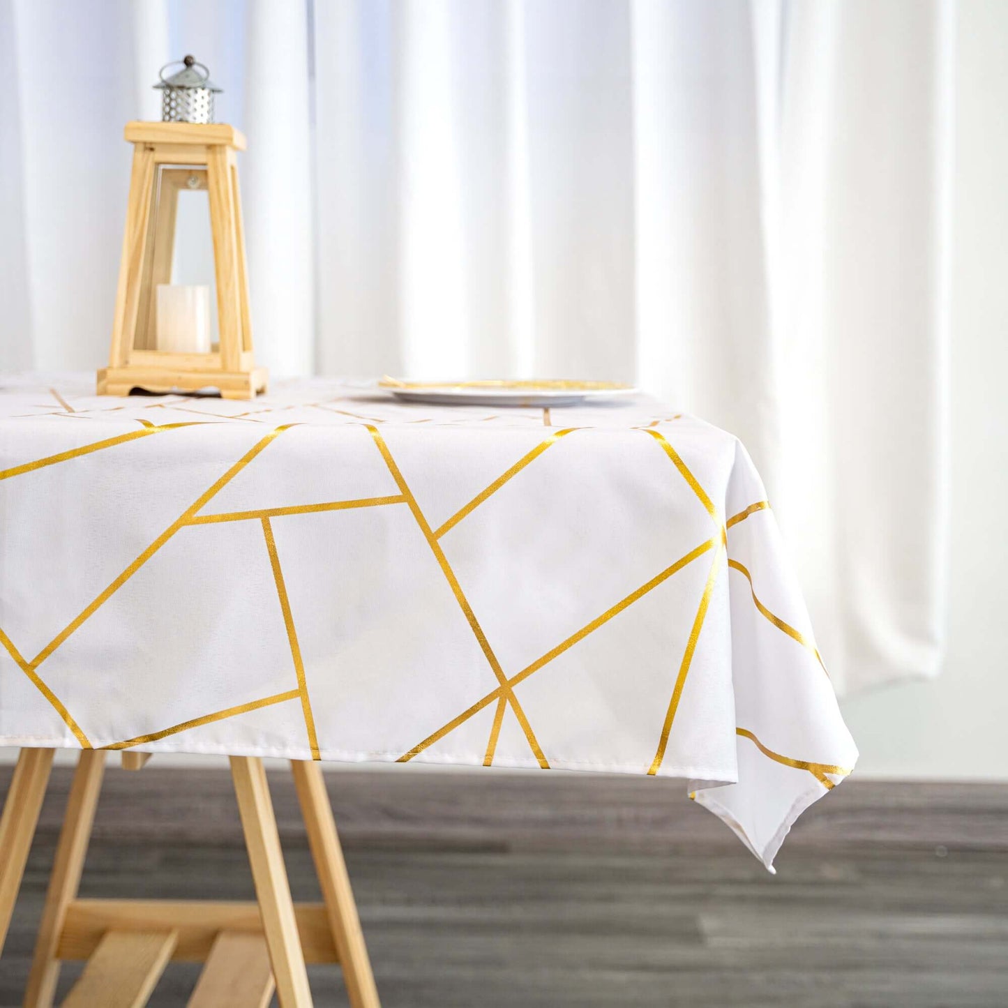 Polyester 54"x54" Table Overlay Square Tablecloth White with Gold Foil Geometric Pattern - Wrinkle-Resistant & Durable for Stylish Settings
