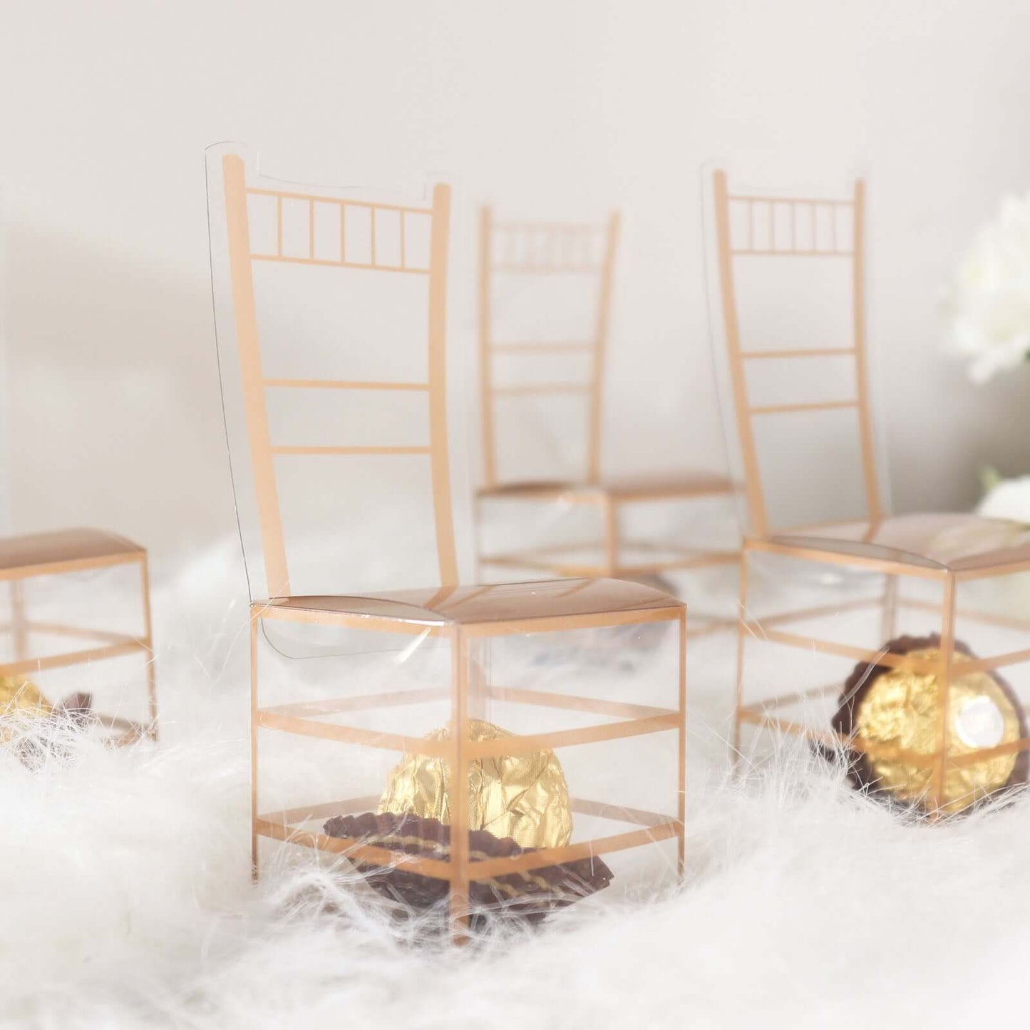 25 Pack Clear and Gold PVC Chiavari Chair-Shaped Party Favor Candy Gift Boxes - 2"x5"