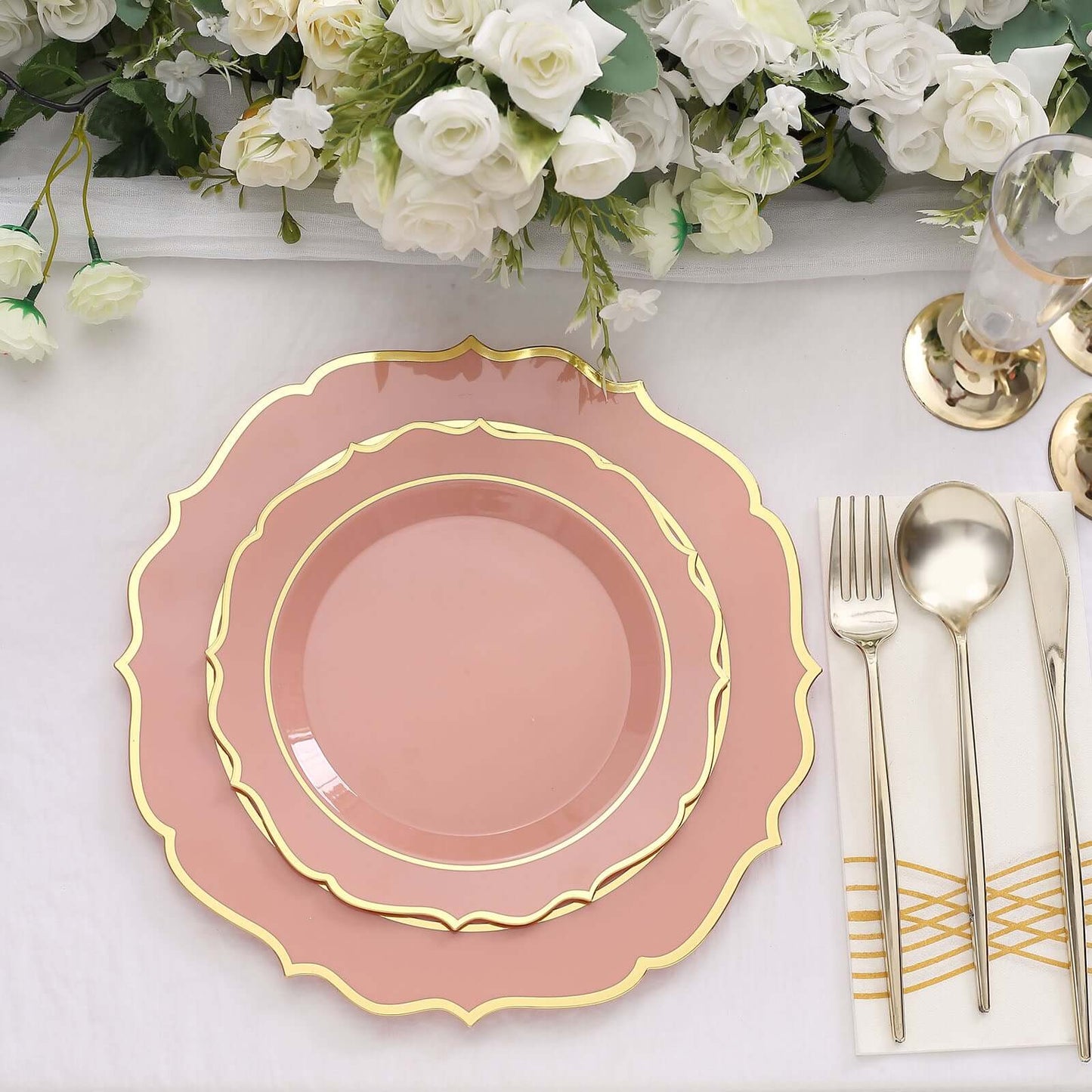 10-Pack Plastic 10" Round Dinner Plates in Dusty Rose with Gold Scalloped Rim - Disposable Party Plates