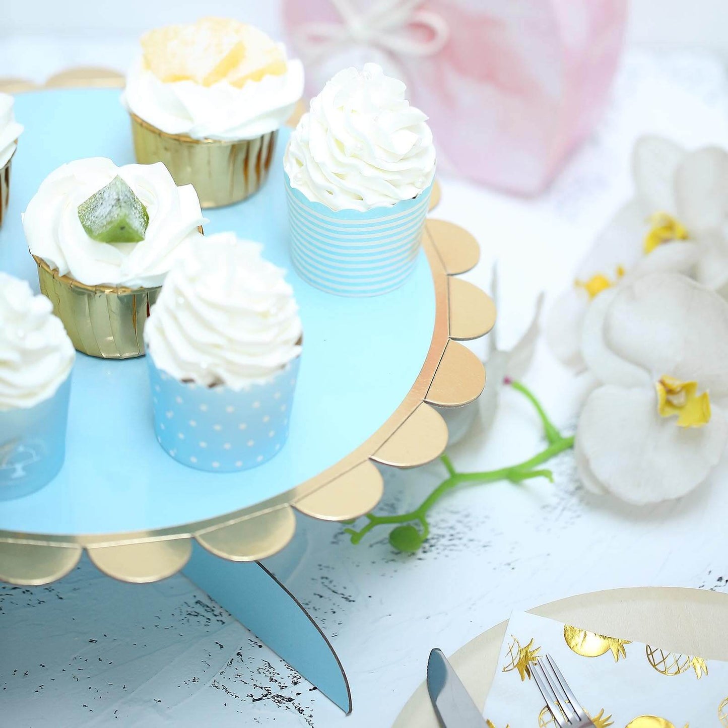 1-Tier Cardboard Cake Stand Light Blue - Stylish Reusable Cupcake Dessert Holder with Gold Scalloped Rim for Baby Showers Birthdays & Events 13"