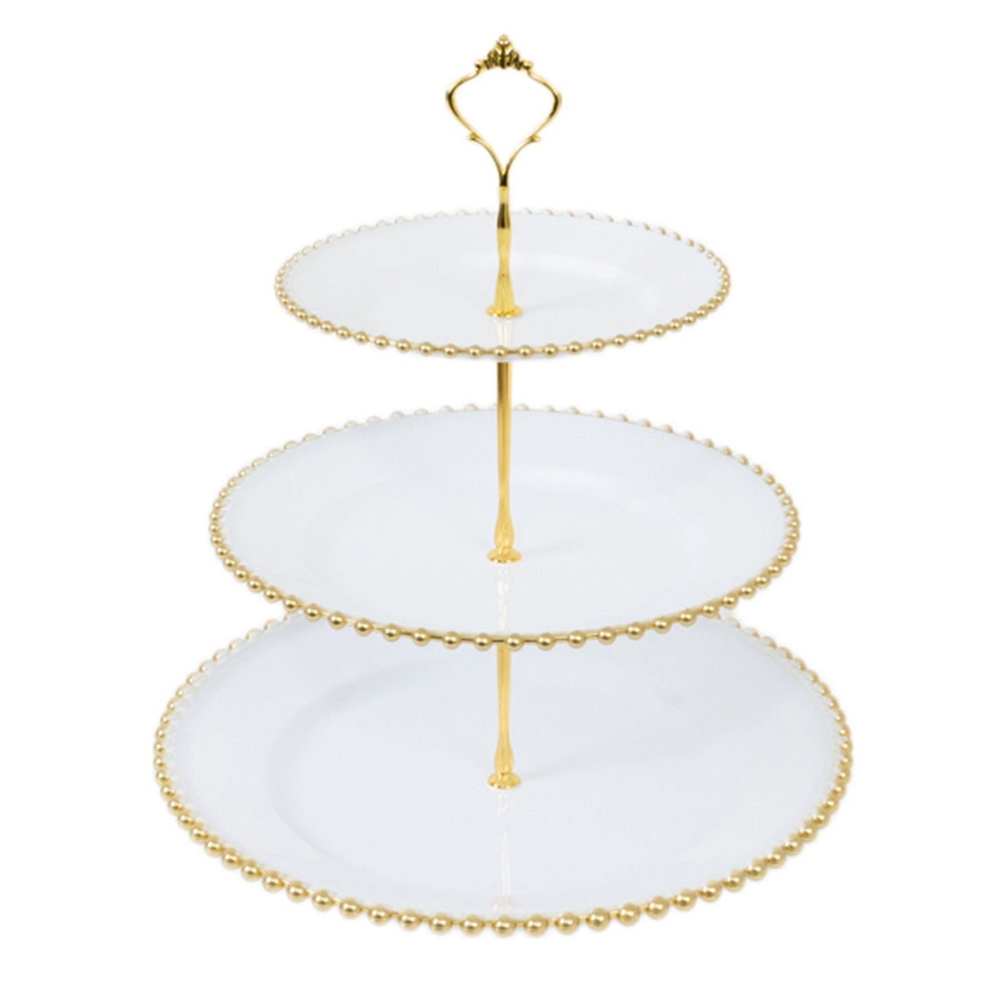 14" White 3-Tier Plastic Dessert Display Stand With Gold Beaded Rim, Round Cupcake Tower Tea Party Serving Platter With Top Handle