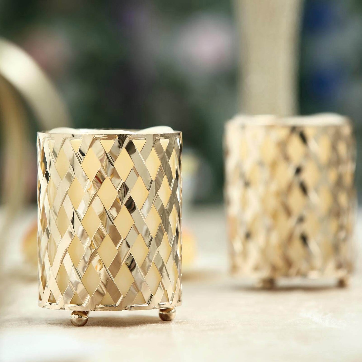 2-Pack Votive Candle Holders Gold Metal Diamond Cut Geometric Design - Perfect for Home DÃ©cor and Events 4"